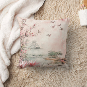 Pink Cherry Blossom Serenity Landscape (2) Throw Pillow