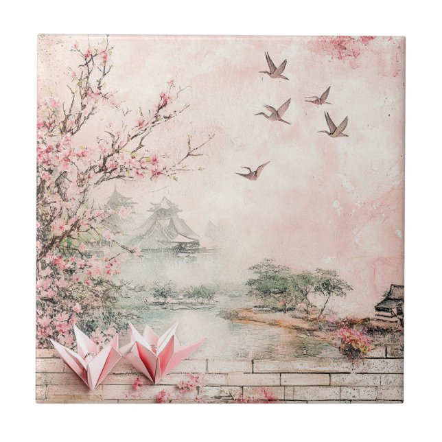 Pink Cherry Blossom Serenity Landscape  (2) Tile (Front)