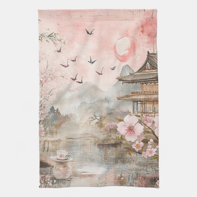 Pink Cherry Blossom Serenity Landscape  (4) Kitchen Towel (Vertical)