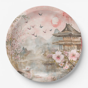 Pink Cherry Blossom Serenity Landscape (4) Paper Plate