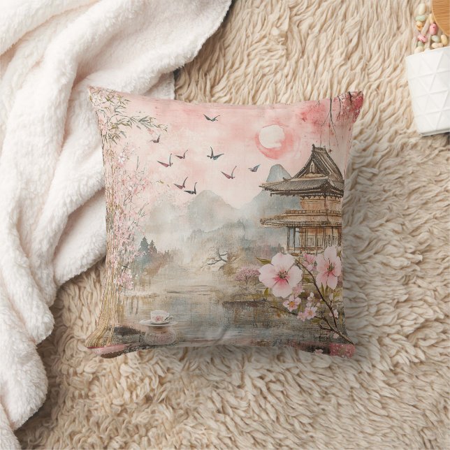 Pink Cherry Blossom Serenity Landscape  (4) Throw Pillow (Blanket)