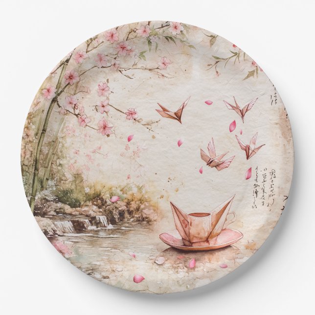 Pink Cherry Blossom Serenity Landscape  (5) Paper Plate (Front)