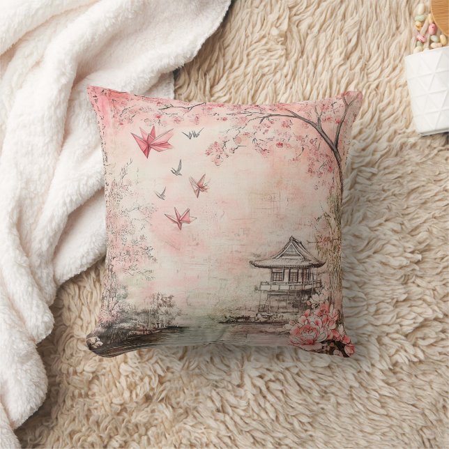 Pink Cherry Blossom Serenity Landscape  (6) Throw Pillow (Blanket)