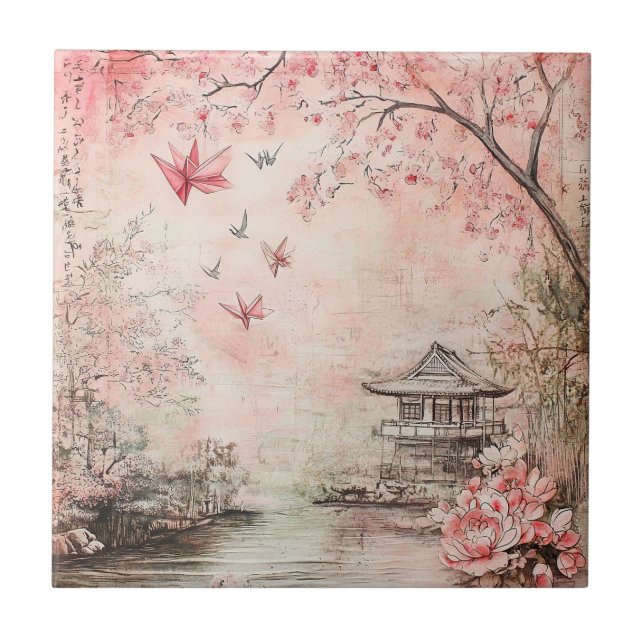 Pink Cherry Blossom Serenity Landscape  (6) Tile (Front)