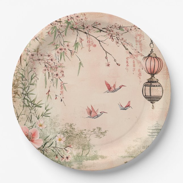 Pink Cherry Blossom Serenity Landscape  (7) Paper Plate (Front)
