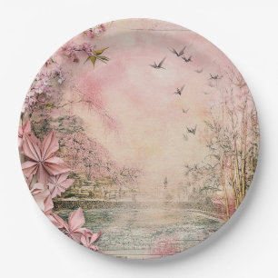Pink Cherry Blossom Serenity Landscape (8) Paper Plate