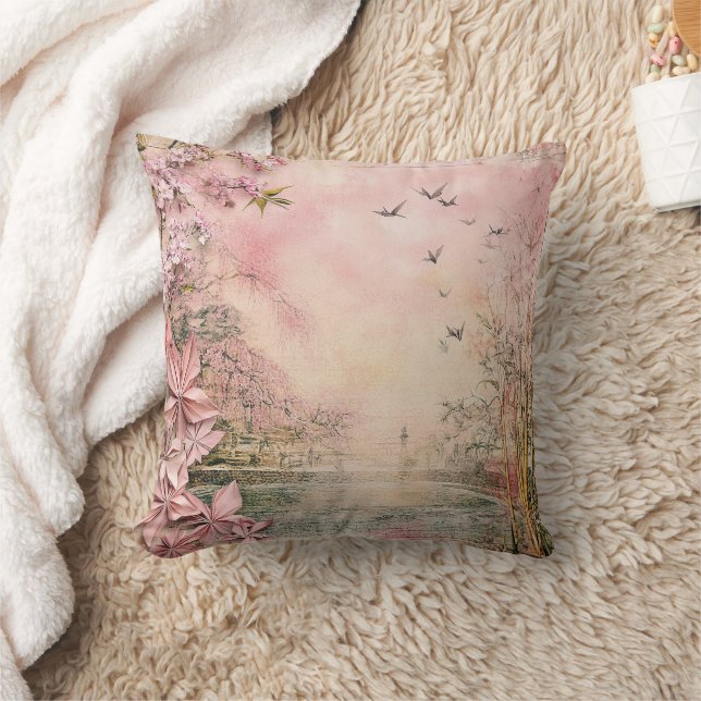 Pink Cherry Blossom Serenity Landscape  (8) Throw Pillow (Blanket)