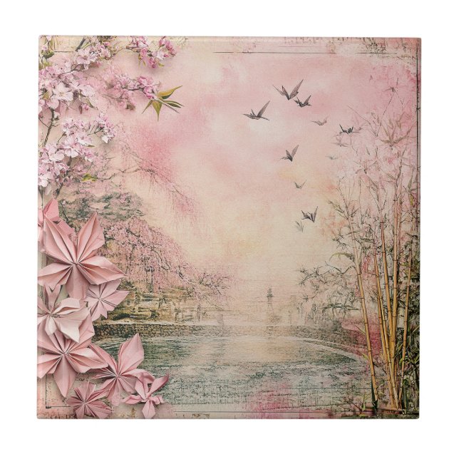 Pink Cherry Blossom Serenity Landscape  (8) Tile (Front)