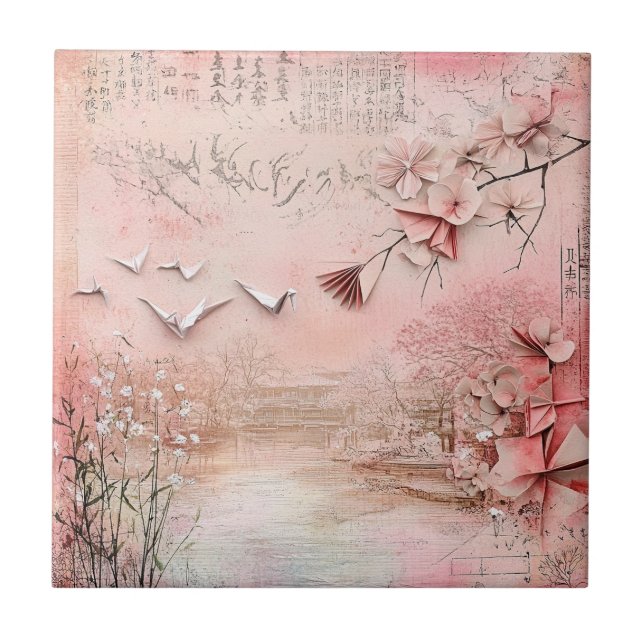 Pink Cherry Blossom Serenity Landscape  (9) Tile (Front)