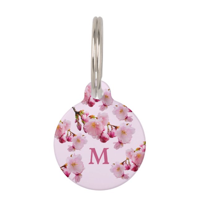 Pink Cherry Blossom Spring Flowers Monogram Pet Tag (Front)