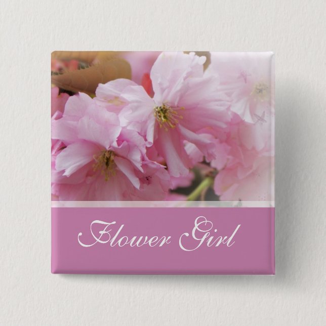 pink cherry blossom  spring wedding flower girl 2 inch square button (Front)