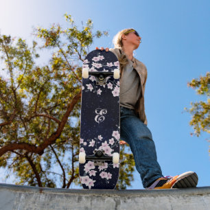 Pink Cherry Blossom Starry Night Sky Monogram  Skateboard