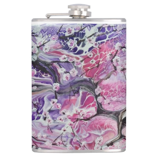Pink cherry blossom tree hip flask (Front)