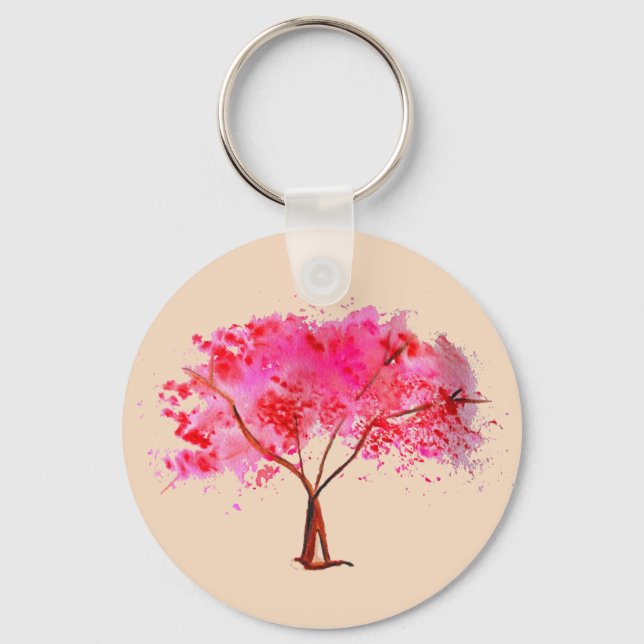 Pink Cherry Blossom tree watercolor Keychain (Front)