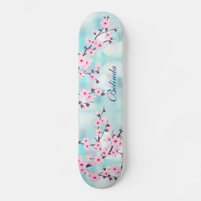 Pink Cherry Blossom Turquoise Bokeh Monogram Girly Skateboard (Front)