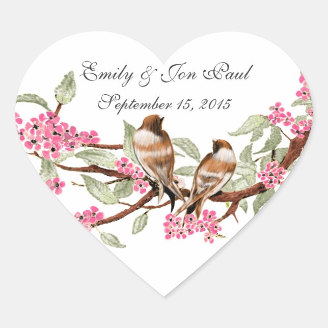 Pink Cherry Blossom Vintage Birds Wedding Stickers (Front)
