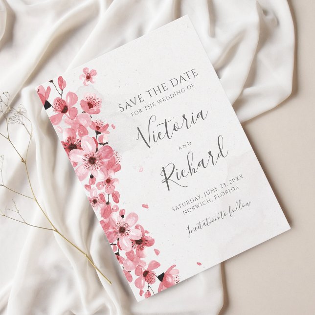 Pink Cherry Blossom Watercolor Floral Wedding Save The Date (Creator Uploaded)