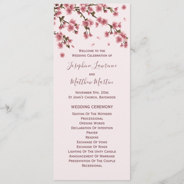 Pink Cherry Blossom Wedding Ceremony Program (Front)