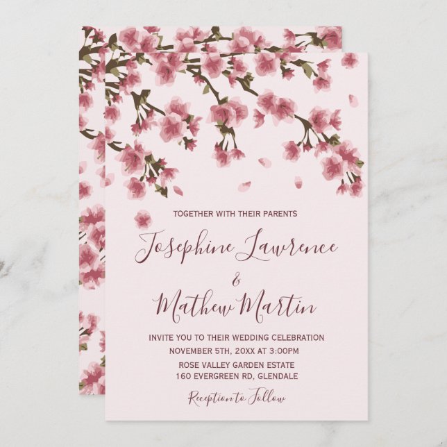 Pink Cherry Blossom Wedding Invitation (Front/Back)