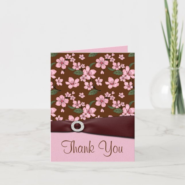 Pink Cherry Blossom Wedding Thank You Cards (Front)