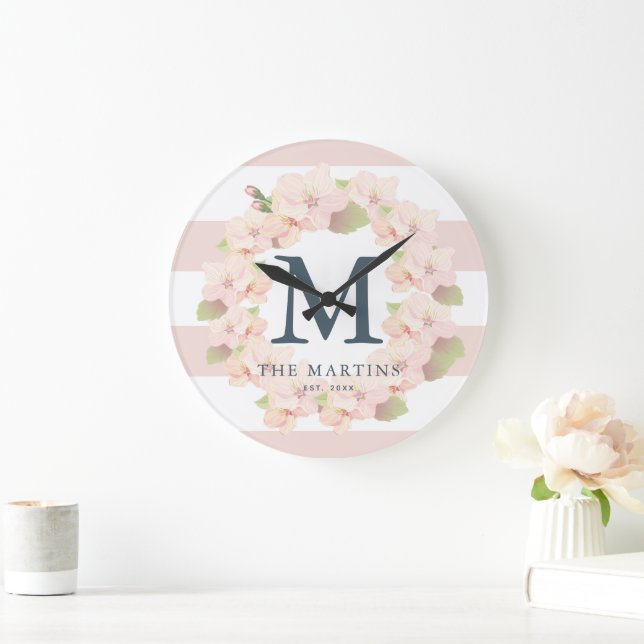 Pink Cherry Blossom Wreath Stripe Monogram Large Clock (Home)