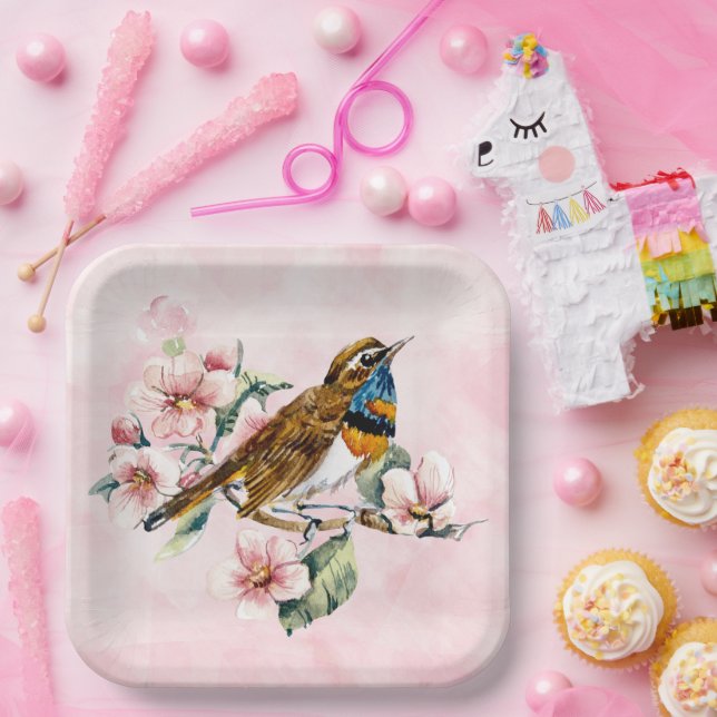  Pink Cherry Blossoms and Bird  Paper P Paper Plate (Party)
