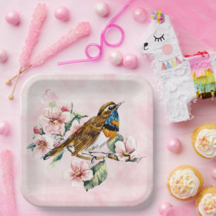 Pink Cherry Blossoms and Bird Paper P Plate