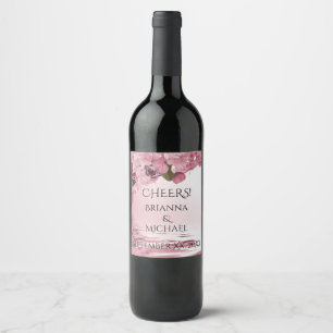 Pink Cherry Blossoms and Butterflies Wedding Wine Label
