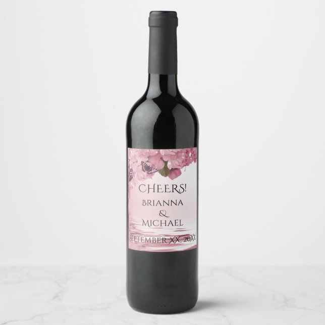 Pink Cherry Blossoms and Butterflies Wedding Wine Label (Front)