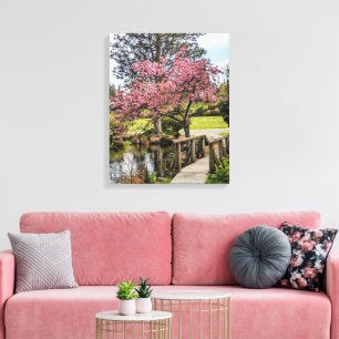Pink Cherry Blossoms and Wooden Footbridge Canvas Print