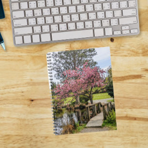 Pink Cherry Blossoms and Wooden Footbridge Notebook