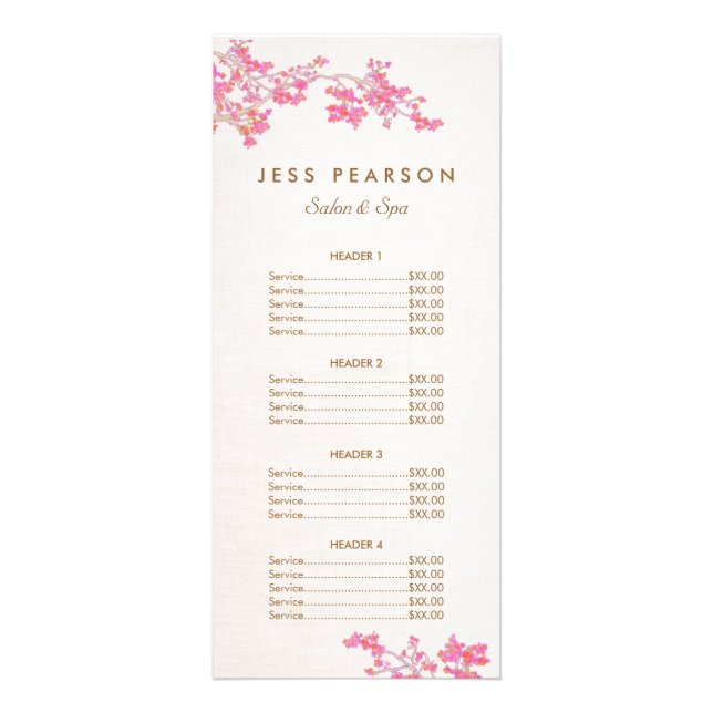 Pink Cherry Blossoms Beauty Salon Price List Menu (Front)