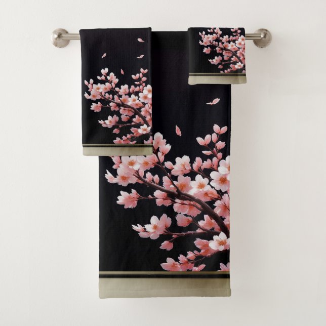 Pink Cherry Blossoms -Black/Gold- Bath Towel Set (Insitu)