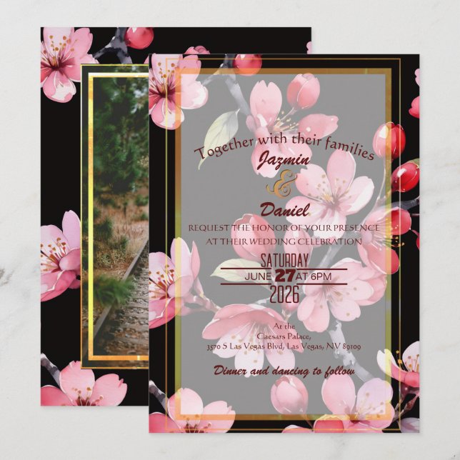 Pink Cherry Blossoms Black Photo Box Invitation (Devant / Derrière)