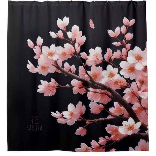 Pink Cherry Blossoms |Black|Shower Curtain (Front)