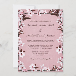 Pink Cherry Blossoms Border Wedding Invitation