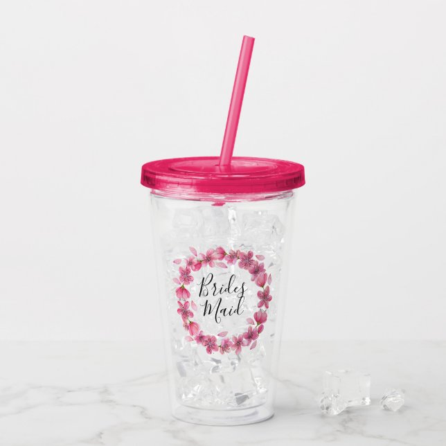 Pink Cherry Blossoms Bridesmaid Acrylic Tumbler (Back Ice)