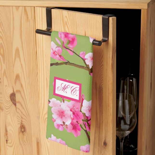 Pink Cherry Blossoms Chartreuse Green Monogrammed Kitchen Towel (Thirds Fold)