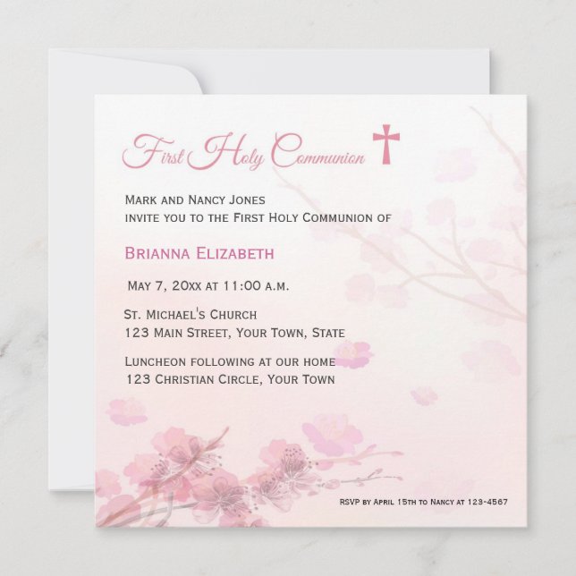 Pink Cherry Blossoms  First Communion Invitation (Front)
