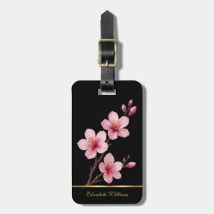 Pink Cherry Blossoms Floral Black Customizable Lug Luggage Tag