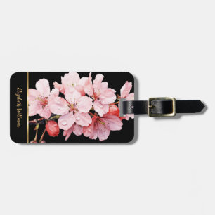 Pink Cherry Blossoms Floral Black Customizable Lug Luggage Tag