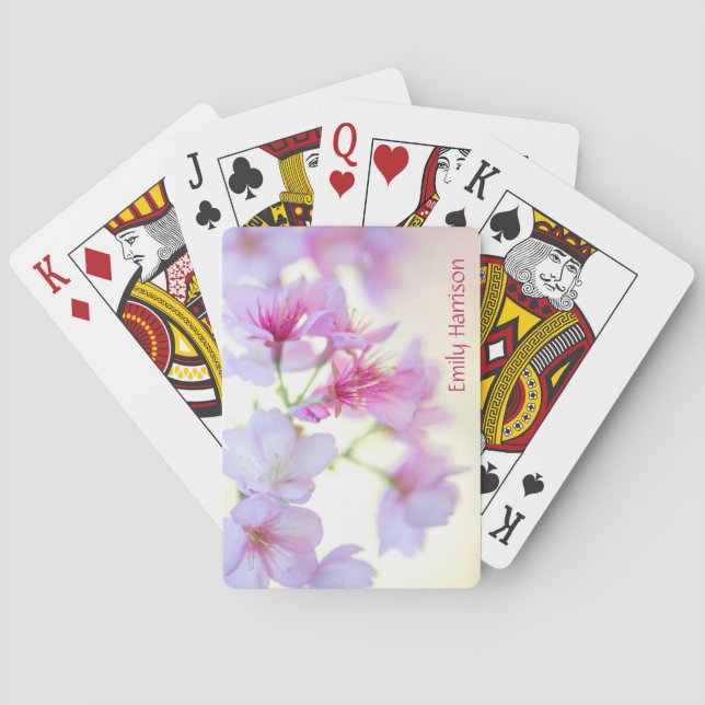 Pink Cherry Blossoms Floral Monogram Name Playing Cards (Back)