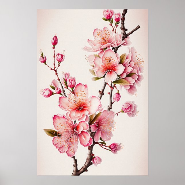 Pink Cherry Blossoms Flower Art Print Poster (Front)