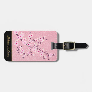 Pink Cherry Blossoms Glitter Luggage Tag
