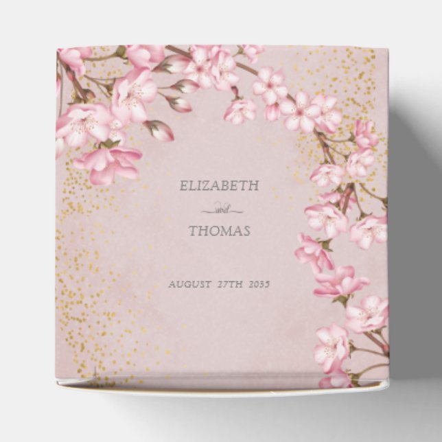 Pink Cherry Blossoms Gold Glitter Wedding Favour B Favor Box (Top)