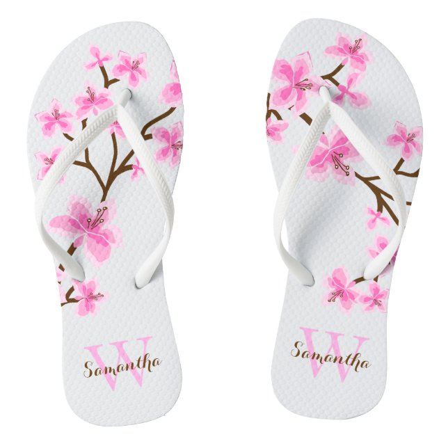Pink Cherry Blossoms Monogrammed Flip Flops (Footbed)