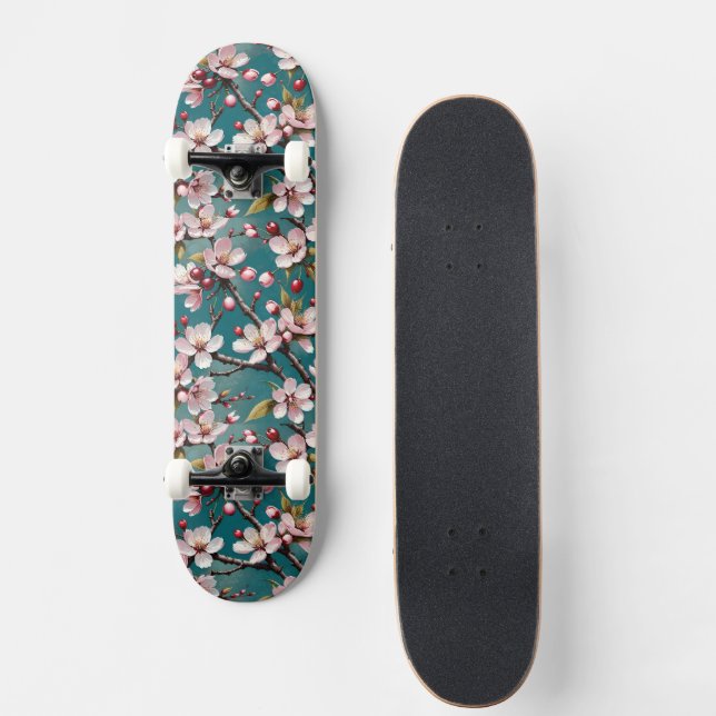 Pink Cherry Blossoms on a Moody Teal Background Skateboard (Front)
