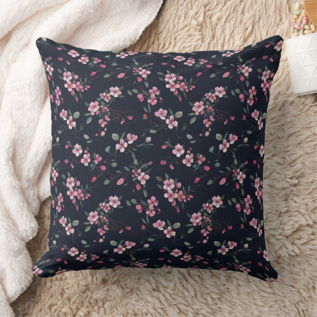 Pink cherry blossoms on a navy blue pattern throw pillow (Blanket)