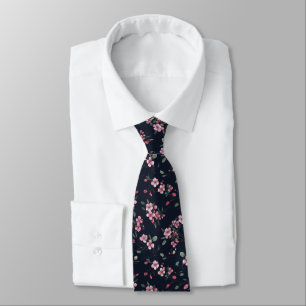 Pink cherry blossoms on a navy blue pattern tie