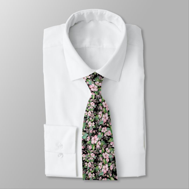 Pink Cherry Blossoms On Black Neck Tie (Tied)